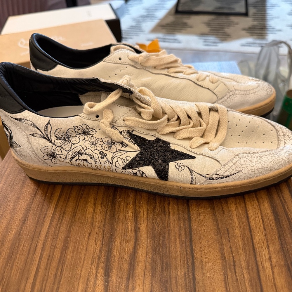 Golden Goose Black and Cream Floral Sneakers - Picture 3 of 10